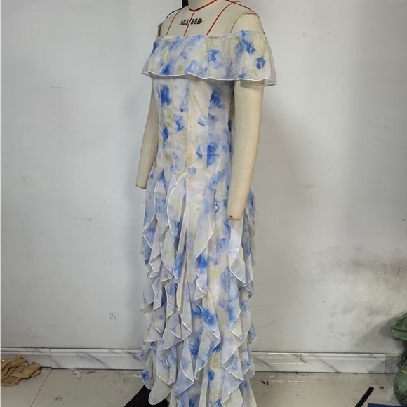 Off-Shoulder Blue & White Ruffle Maxi Dress - Picture 3 of 6